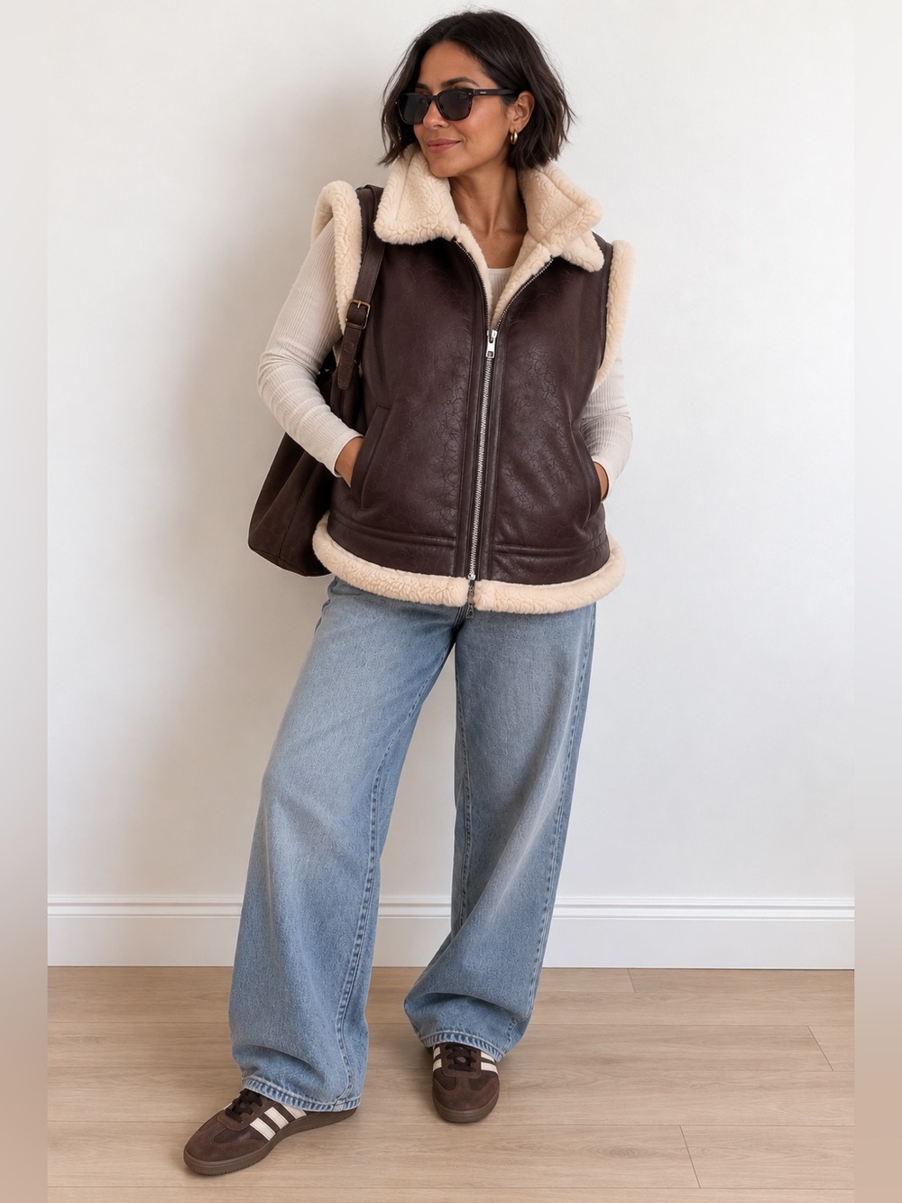 ☮️ 2/$30 aerie Oversized Brown Faux-Leather with Faux-Shearling Collar